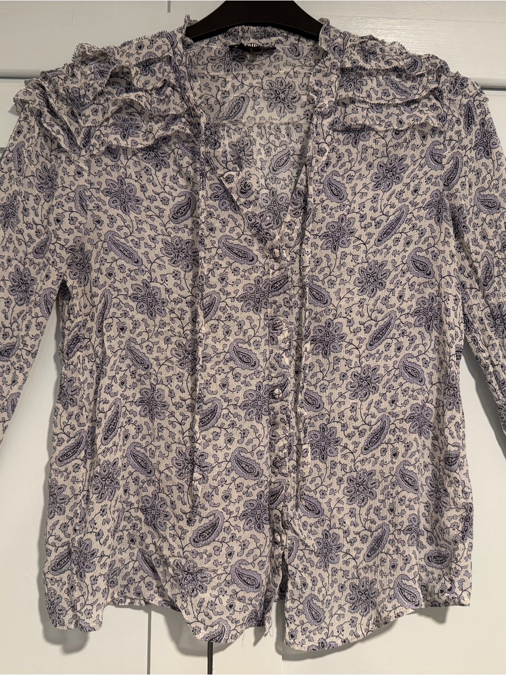 PAIGE Cream and Blue Paisley Ruffle-Trim Button-Down Shirt
